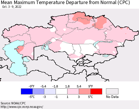 Kazakhstan Mean Maximum Temperature Departure from Normal (CPC) Thematic Map For 10/3/2022 - 10/9/2022
