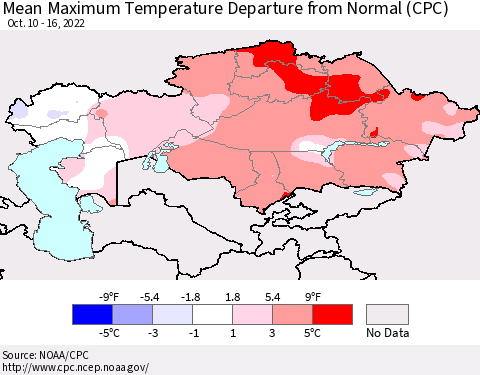 Kazakhstan Mean Maximum Temperature Departure from Normal (CPC) Thematic Map For 10/10/2022 - 10/16/2022