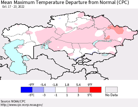 Kazakhstan Mean Maximum Temperature Departure from Normal (CPC) Thematic Map For 10/17/2022 - 10/23/2022