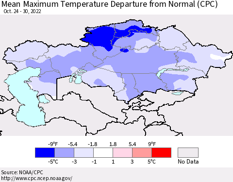 Kazakhstan Mean Maximum Temperature Departure from Normal (CPC) Thematic Map For 10/24/2022 - 10/30/2022