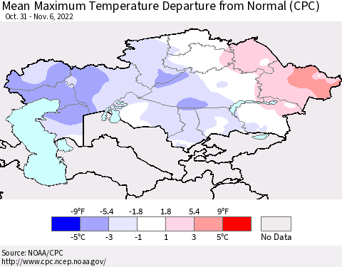 Kazakhstan Mean Maximum Temperature Departure from Normal (CPC) Thematic Map For 10/31/2022 - 11/6/2022