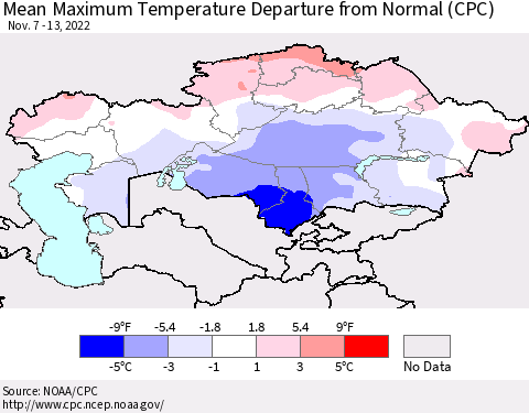 Kazakhstan Mean Maximum Temperature Departure from Normal (CPC) Thematic Map For 11/7/2022 - 11/13/2022