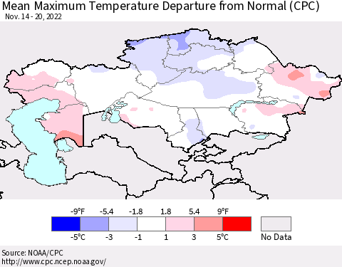 Kazakhstan Mean Maximum Temperature Departure from Normal (CPC) Thematic Map For 11/14/2022 - 11/20/2022