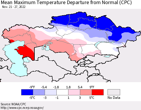 Kazakhstan Mean Maximum Temperature Departure from Normal (CPC) Thematic Map For 11/21/2022 - 11/27/2022