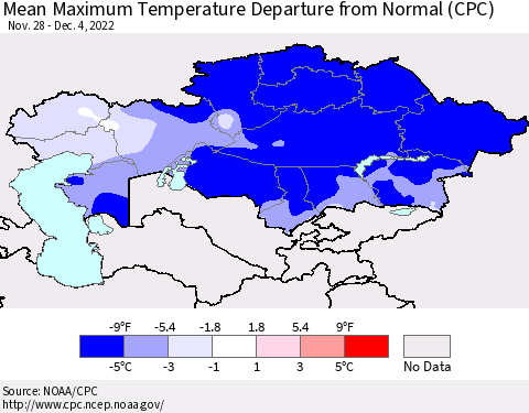 Kazakhstan Mean Maximum Temperature Departure from Normal (CPC) Thematic Map For 11/28/2022 - 12/4/2022