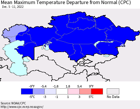 Kazakhstan Mean Maximum Temperature Departure from Normal (CPC) Thematic Map For 12/5/2022 - 12/11/2022