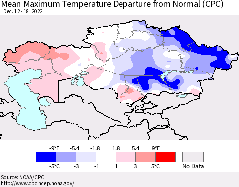 Kazakhstan Mean Maximum Temperature Departure from Normal (CPC) Thematic Map For 12/12/2022 - 12/18/2022