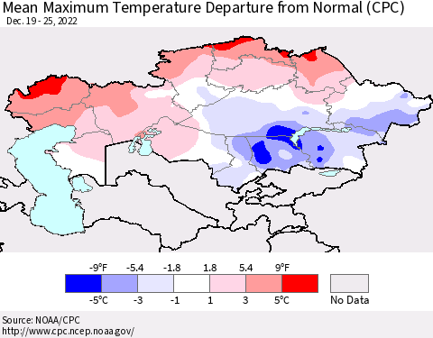 Kazakhstan Mean Maximum Temperature Departure from Normal (CPC) Thematic Map For 12/19/2022 - 12/25/2022