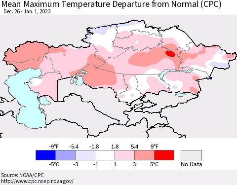 Kazakhstan Mean Maximum Temperature Departure from Normal (CPC) Thematic Map For 12/26/2022 - 1/1/2023