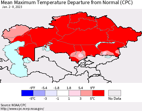 Kazakhstan Mean Maximum Temperature Departure from Normal (CPC) Thematic Map For 1/2/2023 - 1/8/2023
