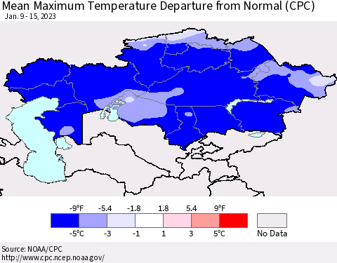 Kazakhstan Mean Maximum Temperature Departure from Normal (CPC) Thematic Map For 1/9/2023 - 1/15/2023