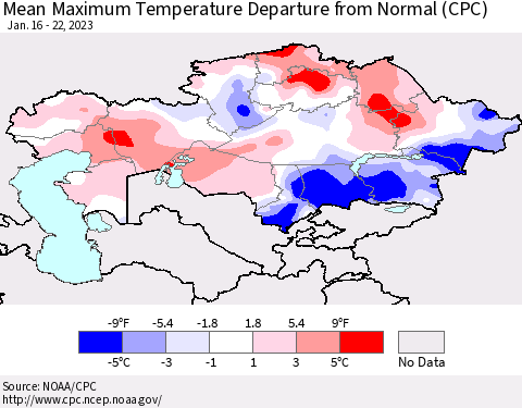 Kazakhstan Mean Maximum Temperature Departure from Normal (CPC) Thematic Map For 1/16/2023 - 1/22/2023
