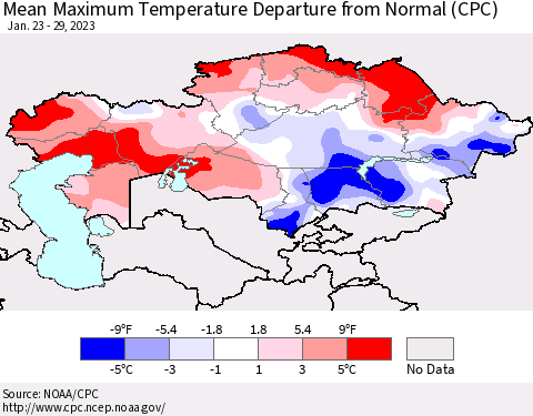 Kazakhstan Mean Maximum Temperature Departure from Normal (CPC) Thematic Map For 1/23/2023 - 1/29/2023