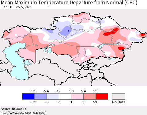 Kazakhstan Mean Maximum Temperature Departure from Normal (CPC) Thematic Map For 1/30/2023 - 2/5/2023