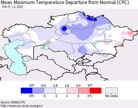 Kazakhstan Mean Maximum Temperature Departure from Normal (CPC) Thematic Map For 2/6/2023 - 2/12/2023