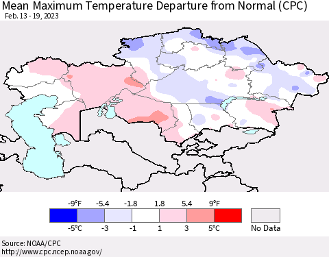 Kazakhstan Mean Maximum Temperature Departure from Normal (CPC) Thematic Map For 2/13/2023 - 2/19/2023