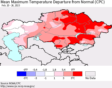 Kazakhstan Mean Maximum Temperature Departure from Normal (CPC) Thematic Map For 2/20/2023 - 2/26/2023