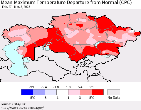 Kazakhstan Mean Maximum Temperature Departure from Normal (CPC) Thematic Map For 2/27/2023 - 3/5/2023