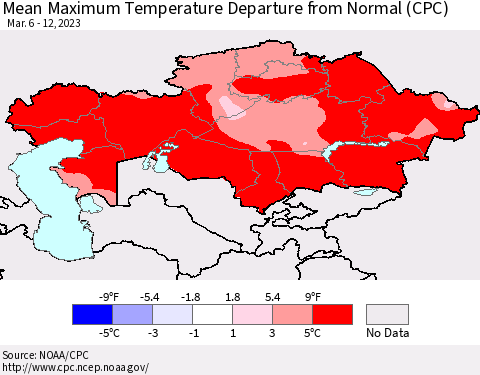 Kazakhstan Mean Maximum Temperature Departure from Normal (CPC) Thematic Map For 3/6/2023 - 3/12/2023