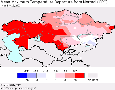 Kazakhstan Mean Maximum Temperature Departure from Normal (CPC) Thematic Map For 3/13/2023 - 3/19/2023