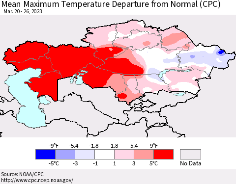 Kazakhstan Mean Maximum Temperature Departure from Normal (CPC) Thematic Map For 3/20/2023 - 3/26/2023