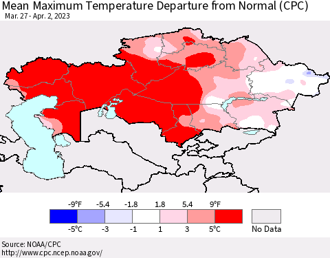 Kazakhstan Mean Maximum Temperature Departure from Normal (CPC) Thematic Map For 3/27/2023 - 4/2/2023