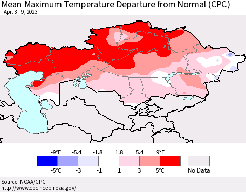 Kazakhstan Mean Maximum Temperature Departure from Normal (CPC) Thematic Map For 4/3/2023 - 4/9/2023