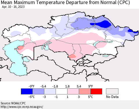 Kazakhstan Mean Maximum Temperature Departure from Normal (CPC) Thematic Map For 4/10/2023 - 4/16/2023