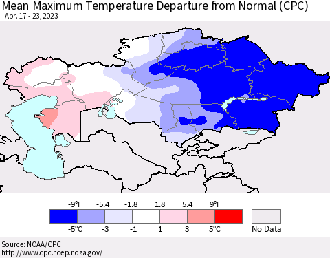 Kazakhstan Mean Maximum Temperature Departure from Normal (CPC) Thematic Map For 4/17/2023 - 4/23/2023