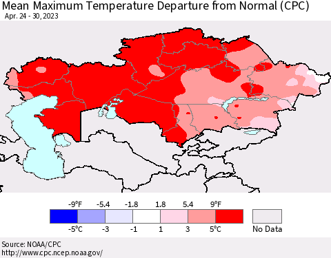 Kazakhstan Mean Maximum Temperature Departure from Normal (CPC) Thematic Map For 4/24/2023 - 4/30/2023
