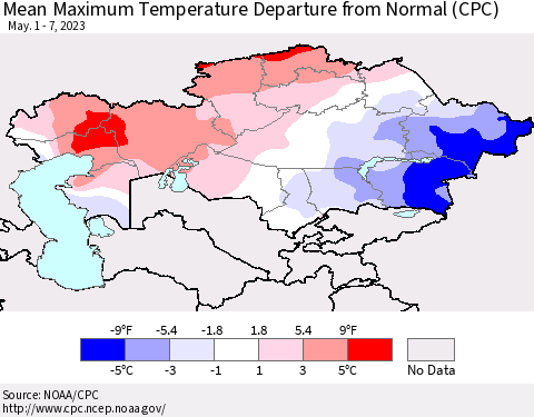 Kazakhstan Mean Maximum Temperature Departure from Normal (CPC) Thematic Map For 5/1/2023 - 5/7/2023