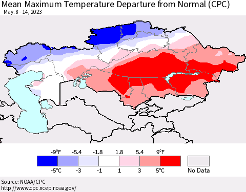 Kazakhstan Mean Maximum Temperature Departure from Normal (CPC) Thematic Map For 5/8/2023 - 5/14/2023