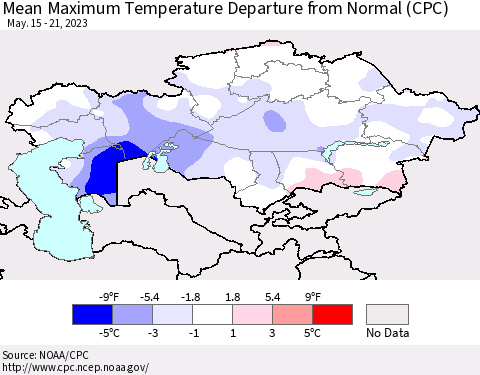Kazakhstan Mean Maximum Temperature Departure from Normal (CPC) Thematic Map For 5/15/2023 - 5/21/2023