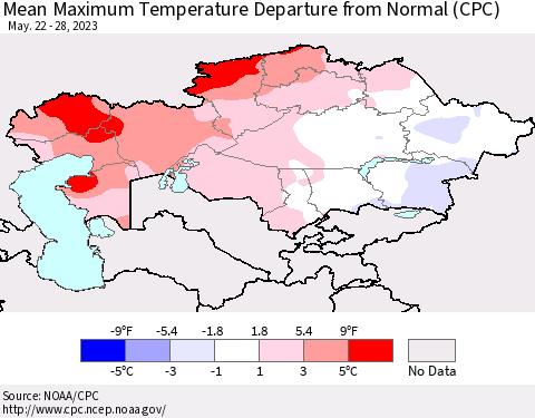 Kazakhstan Mean Maximum Temperature Departure from Normal (CPC) Thematic Map For 5/22/2023 - 5/28/2023