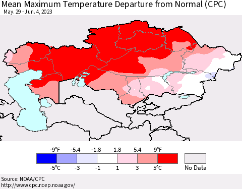 Kazakhstan Mean Maximum Temperature Departure from Normal (CPC) Thematic Map For 5/29/2023 - 6/4/2023