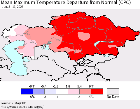Kazakhstan Mean Maximum Temperature Departure from Normal (CPC) Thematic Map For 6/5/2023 - 6/11/2023