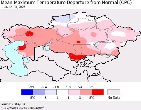 Kazakhstan Mean Maximum Temperature Departure from Normal (CPC) Thematic Map For 6/12/2023 - 6/18/2023