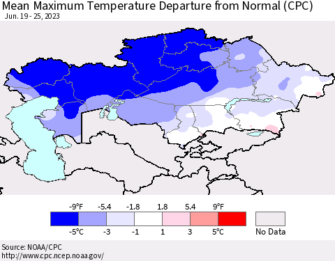 Kazakhstan Mean Maximum Temperature Departure from Normal (CPC) Thematic Map For 6/19/2023 - 6/25/2023