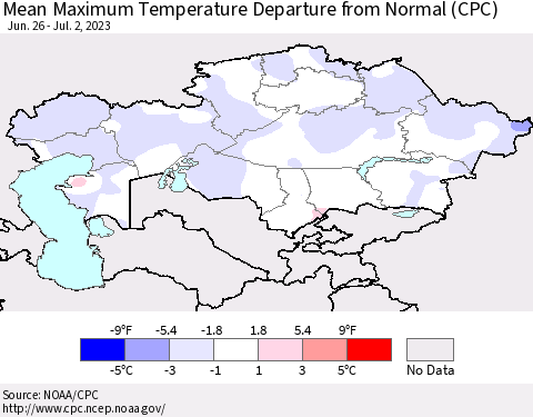 Kazakhstan Mean Maximum Temperature Departure from Normal (CPC) Thematic Map For 6/26/2023 - 7/2/2023