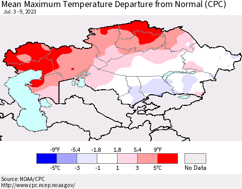 Kazakhstan Mean Maximum Temperature Departure from Normal (CPC) Thematic Map For 7/3/2023 - 7/9/2023