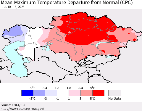 Kazakhstan Mean Maximum Temperature Departure from Normal (CPC) Thematic Map For 7/10/2023 - 7/16/2023