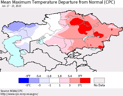 Kazakhstan Mean Maximum Temperature Departure from Normal (CPC) Thematic Map For 7/17/2023 - 7/23/2023
