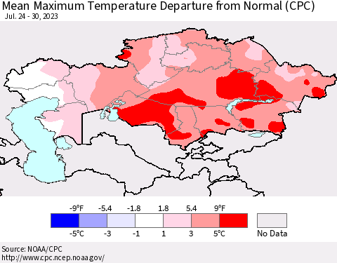 Kazakhstan Mean Maximum Temperature Departure from Normal (CPC) Thematic Map For 7/24/2023 - 7/30/2023