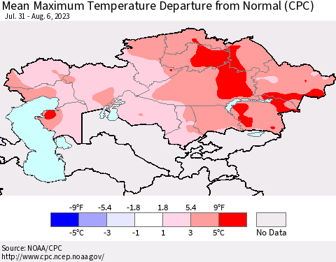 Kazakhstan Mean Maximum Temperature Departure from Normal (CPC) Thematic Map For 7/31/2023 - 8/6/2023
