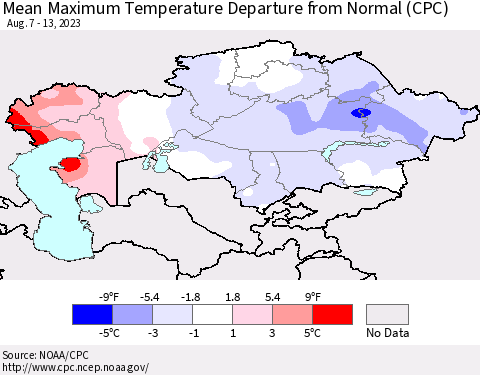 Kazakhstan Mean Maximum Temperature Departure from Normal (CPC) Thematic Map For 8/7/2023 - 8/13/2023