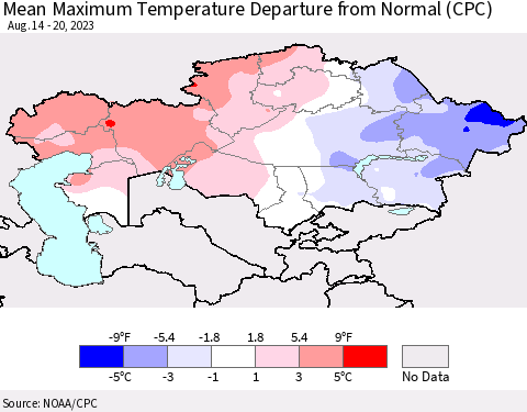 Kazakhstan Mean Maximum Temperature Departure from Normal (CPC) Thematic Map For 8/14/2023 - 8/20/2023