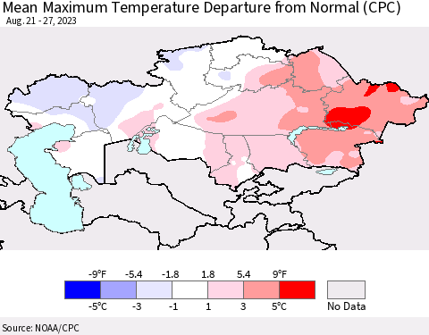 Kazakhstan Mean Maximum Temperature Departure from Normal (CPC) Thematic Map For 8/21/2023 - 8/27/2023