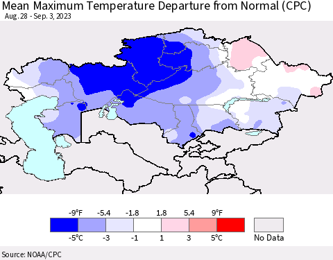 Kazakhstan Mean Maximum Temperature Departure from Normal (CPC) Thematic Map For 8/28/2023 - 9/3/2023