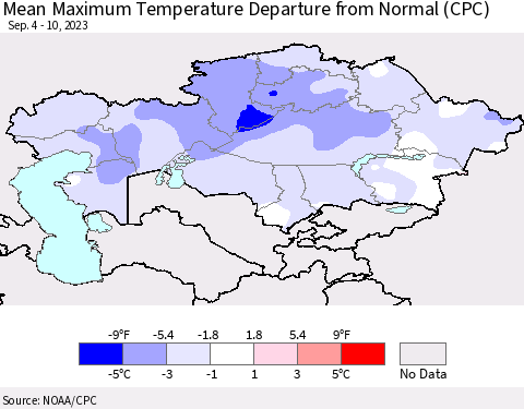 Kazakhstan Mean Maximum Temperature Departure from Normal (CPC) Thematic Map For 9/4/2023 - 9/10/2023