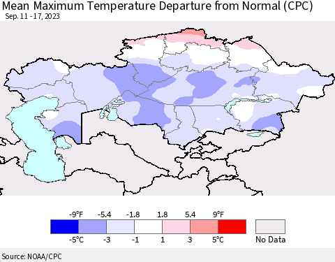 Kazakhstan Mean Maximum Temperature Departure from Normal (CPC) Thematic Map For 9/11/2023 - 9/17/2023